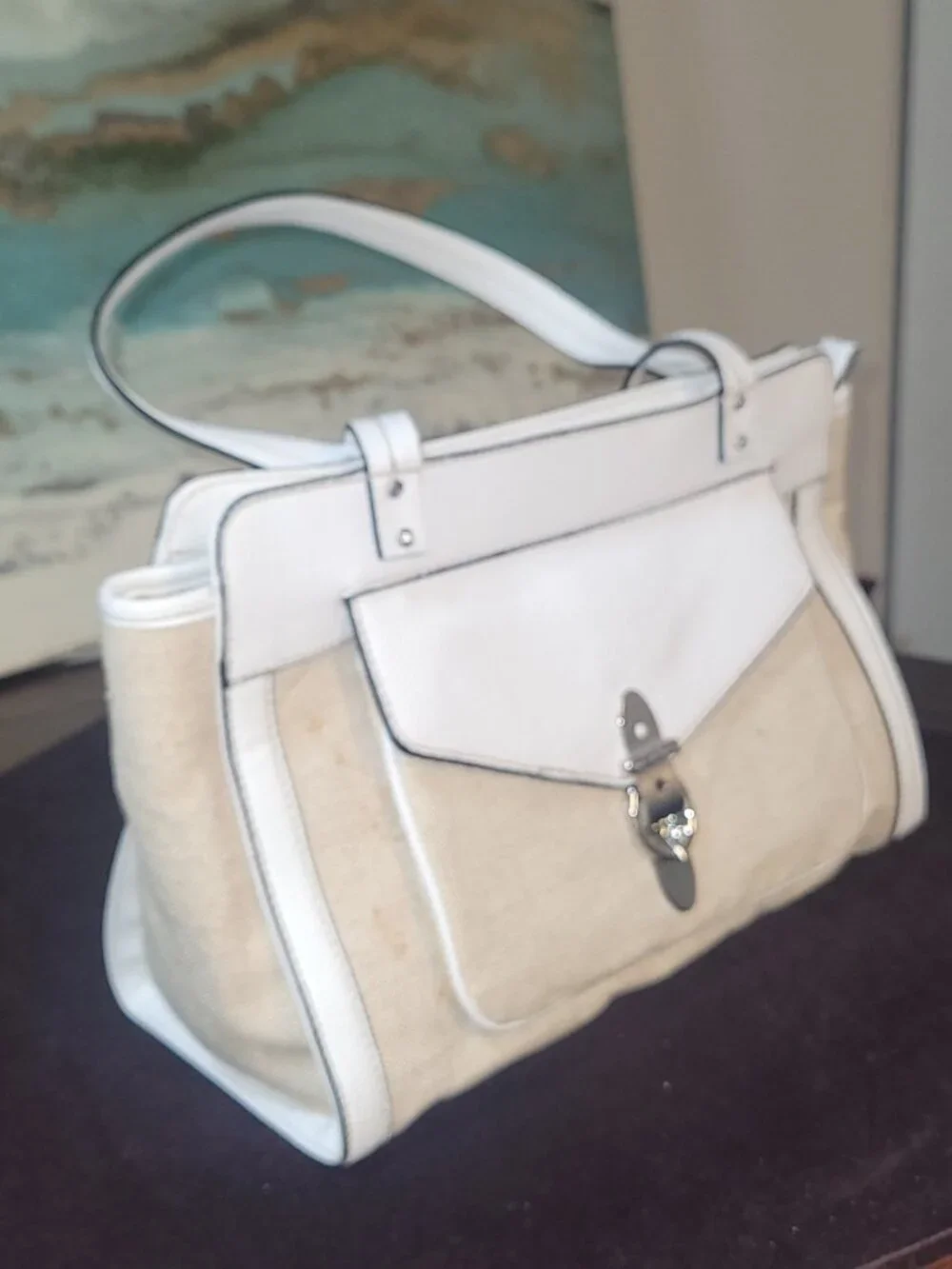 Dana Buchman Beige and White Straw Satchel [Item # HR#05]